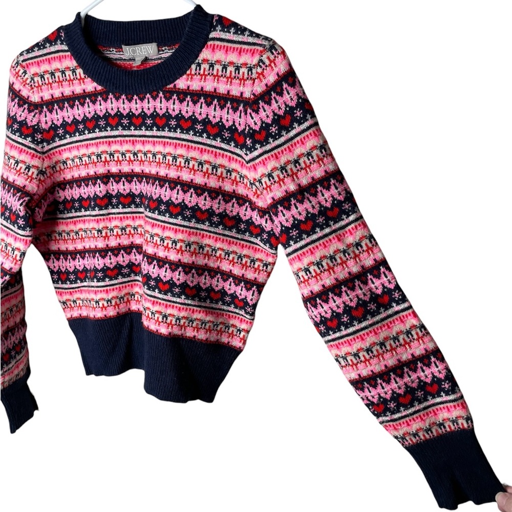 J. Crew Navy Shrunken Fair Isle Crewneck Sweater Size XS Pink Red Hearts - Picture 4 of 9